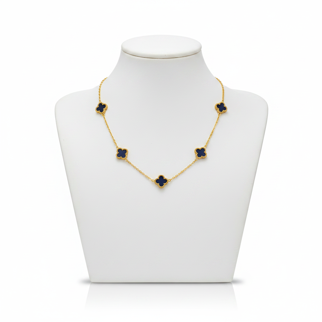 Gold Navy Blue Clover Station Necklace on White Mannequin
