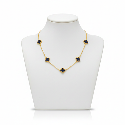 Gold Navy Blue Clover Station Necklace on White Mannequin