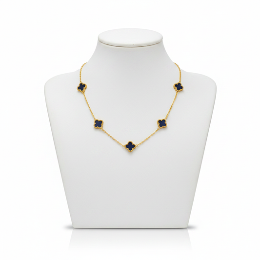 Gold Navy Blue Clover Station Necklace on White Mannequin