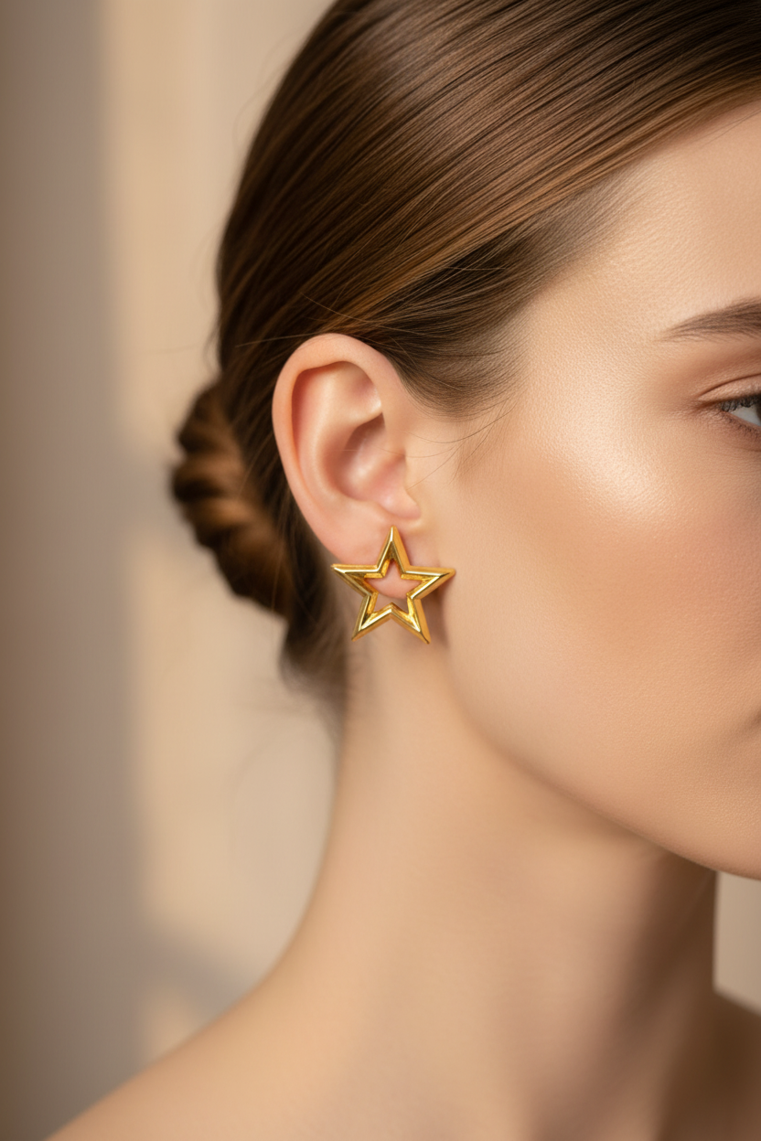 Gold Open Star Outline Earrings – White Model Campaign