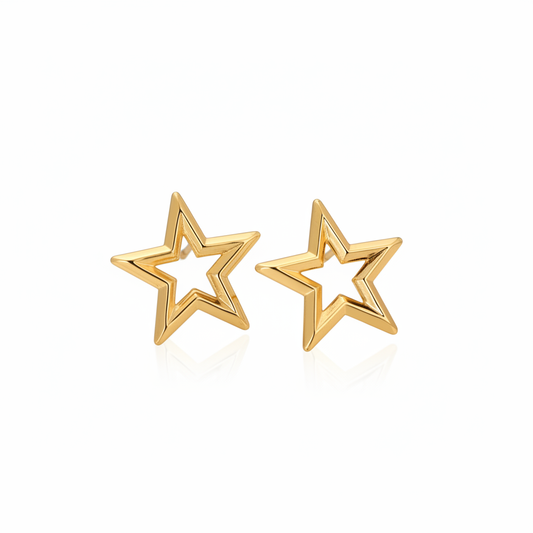 Gold Open Star Outline Stud Earrings – Pure White Background