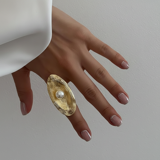 Gold Oval Textured Disc Pearl Ring – Index Finger Only
