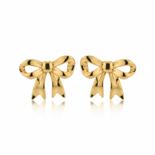 Gold Oversized Ribbon Bow Earrings – Pure White Background
