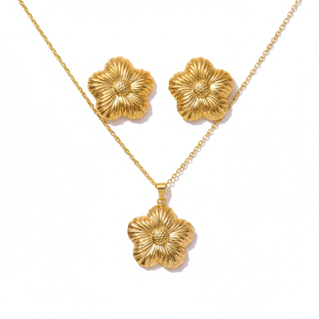 Gold Pleated Five-Petal Flower Set - Premium White Background