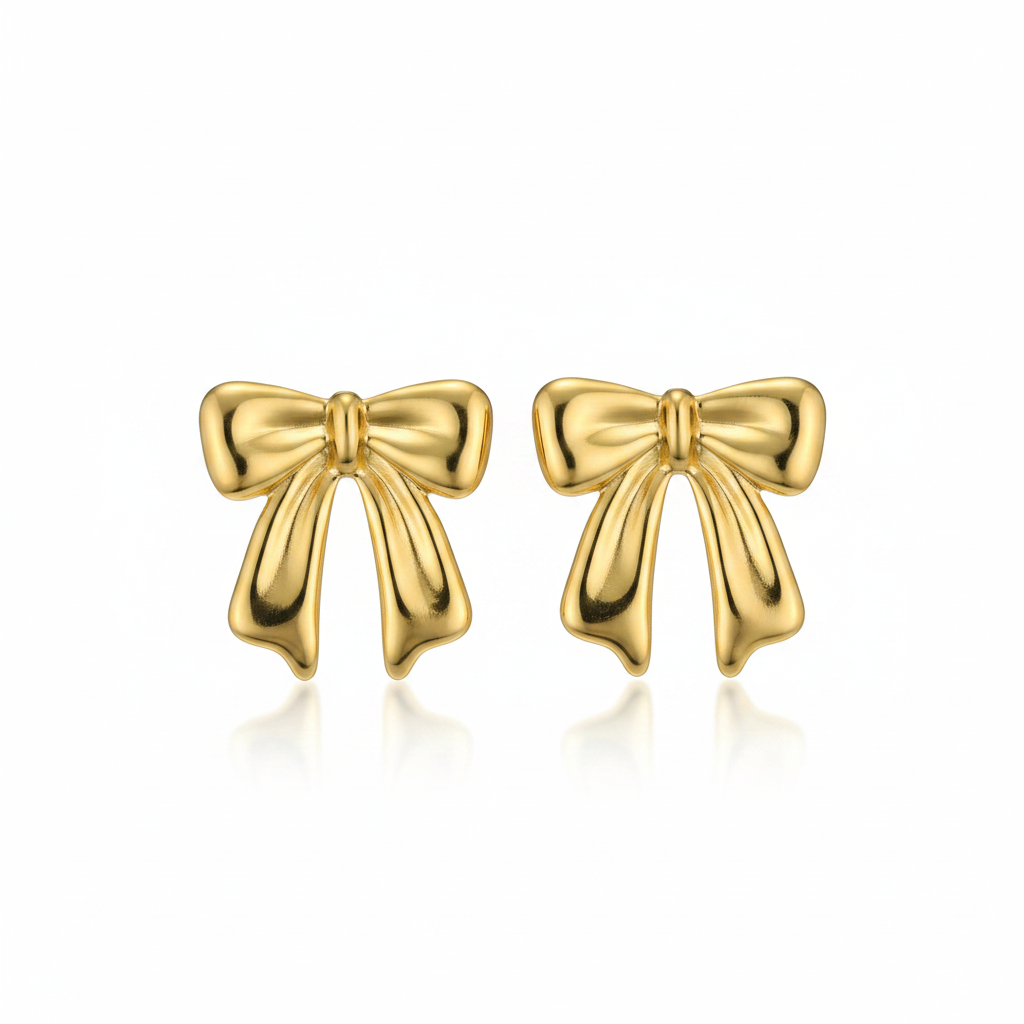 Gold Puffy Bow Stud Earrings – Pure White Background