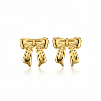 Gold Puffy Bow Stud Earrings – Pure White Background