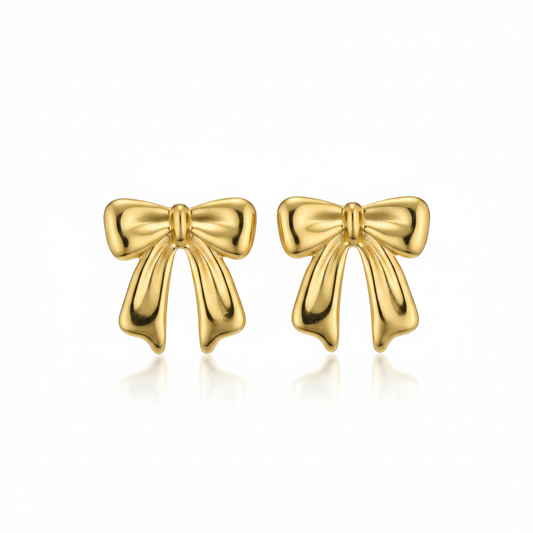 Gold Puffy Bow Stud Earrings – Pure White Background