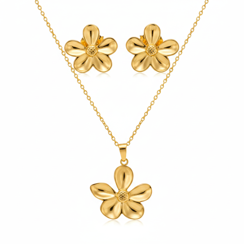 Gold Puffy Five-Petal Flower Set - Premium White Background