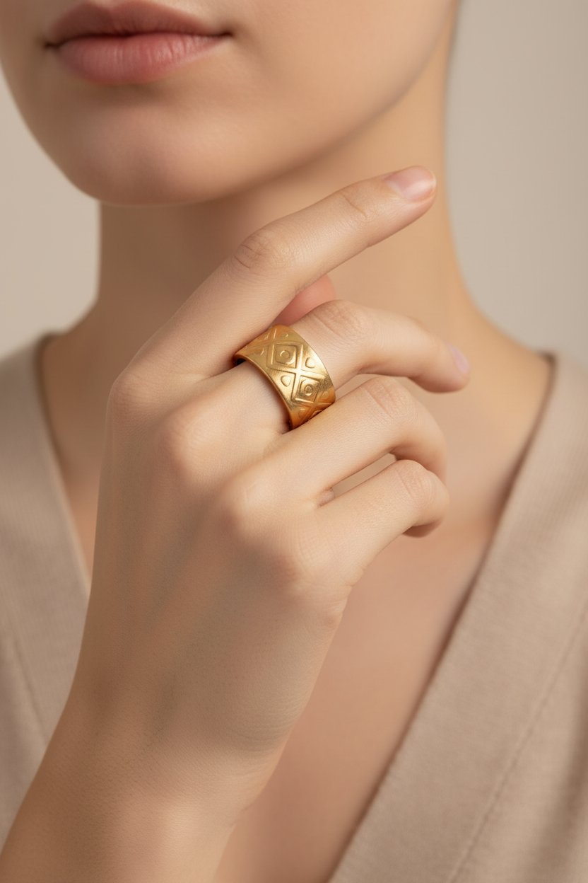 Gold Quilted Cuff Ring - Lifestyle Model Shot