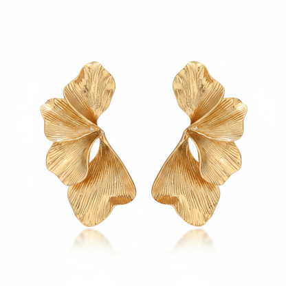 Gold Ribbed Petal Earrings – Pure White Background