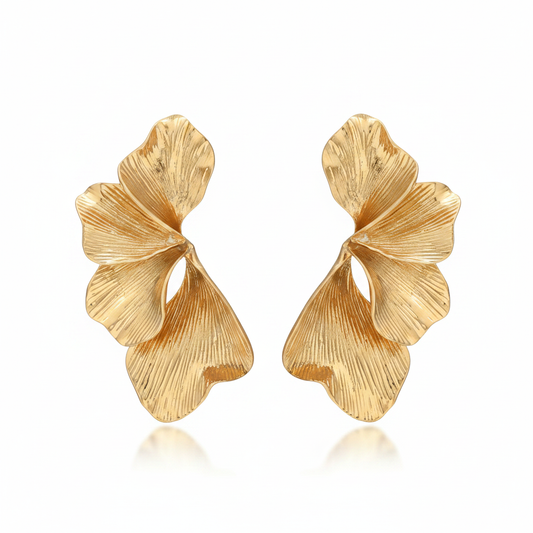 Gold Ribbed Petal Earrings – Pure White Background