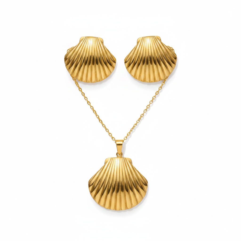 Gold Ridged Scallop Shell Set - Premium White Background