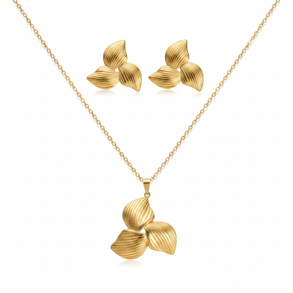 Gold Ridged Three-Petal Flower Set - Premium White Background