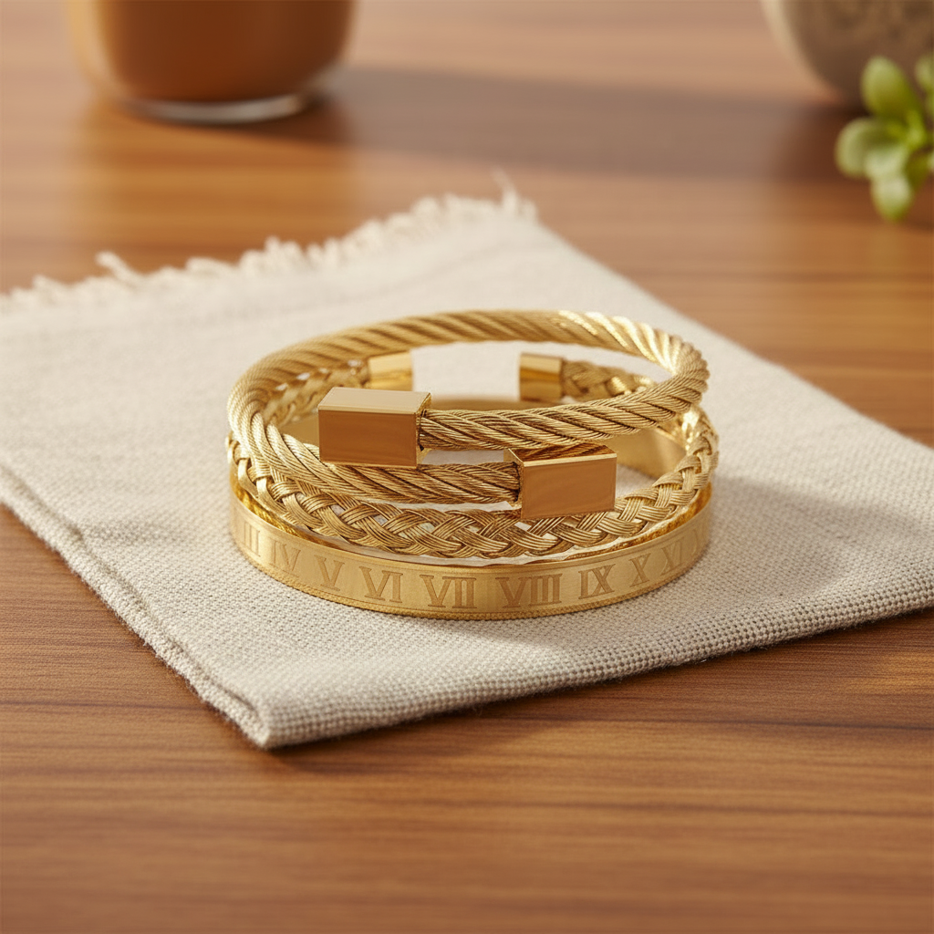 Gold Roman Numeral Bracelet Set – 3-Piece Luxury Bangle Collection