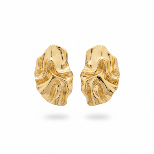 Gold Ruffled Petal Wave Earrings – Pure White Background