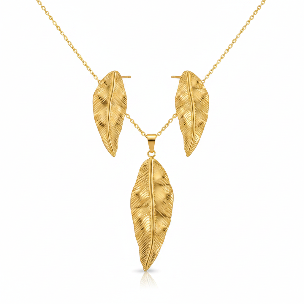 Gold Textured Feather Leaf Set - Premium White Background