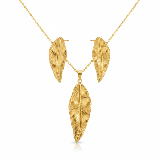 Gold Textured Feather Leaf Set - Premium White Background