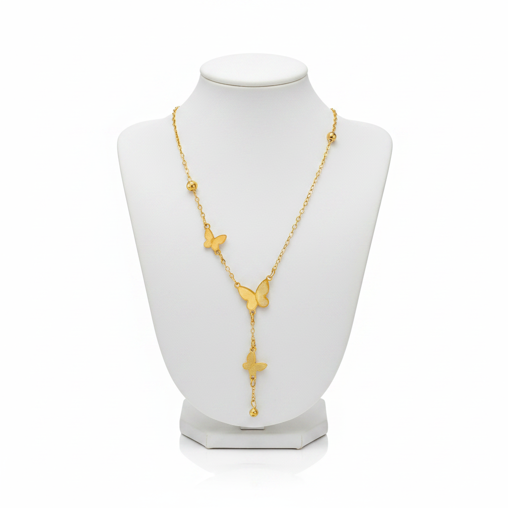 Gold Triple Butterfly Lariat Necklace on White Mannequin