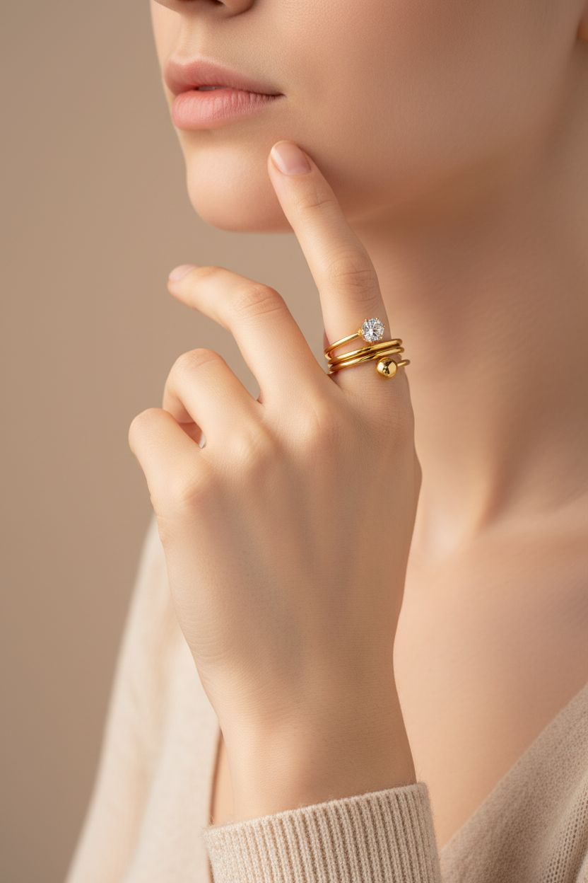 Gold Triple Spiral Crystal Crown Ring - Lifestyle Model Shot