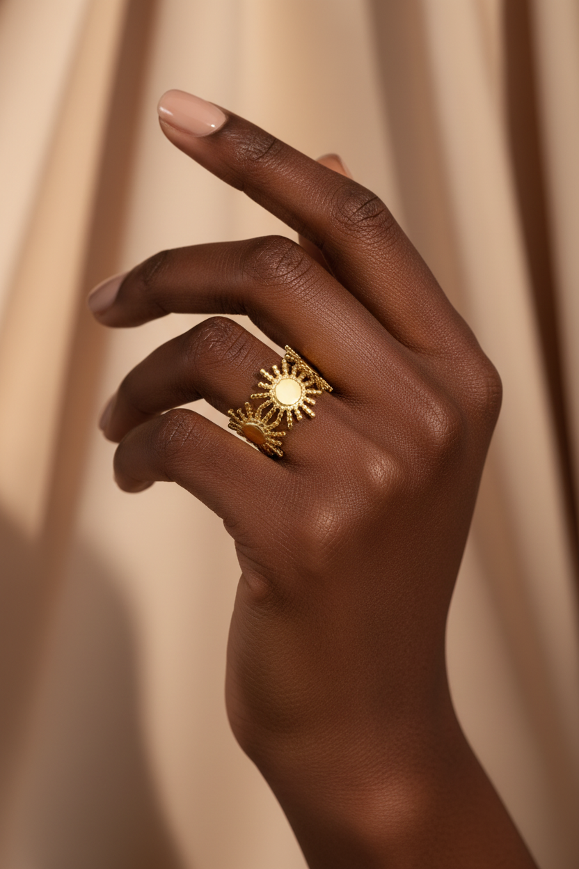 Gold Triple Sun Ring – Black Model Campaign