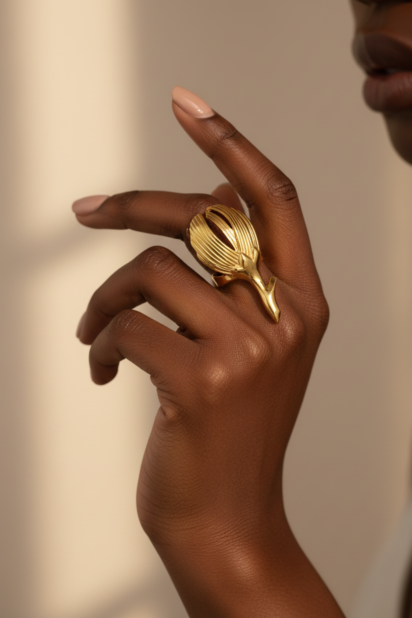 Gold Tulip Bud Ring – Black Model Campaign