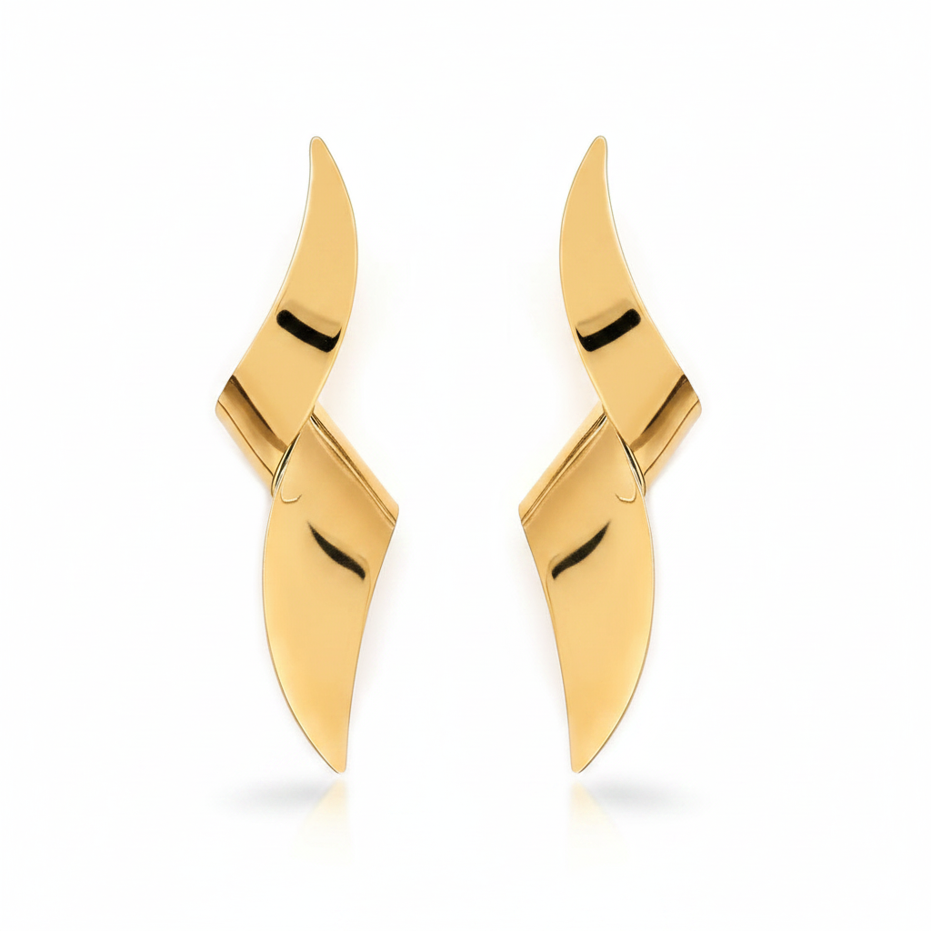 Gold Twisted Flame Drop Earrings – Pure White Background