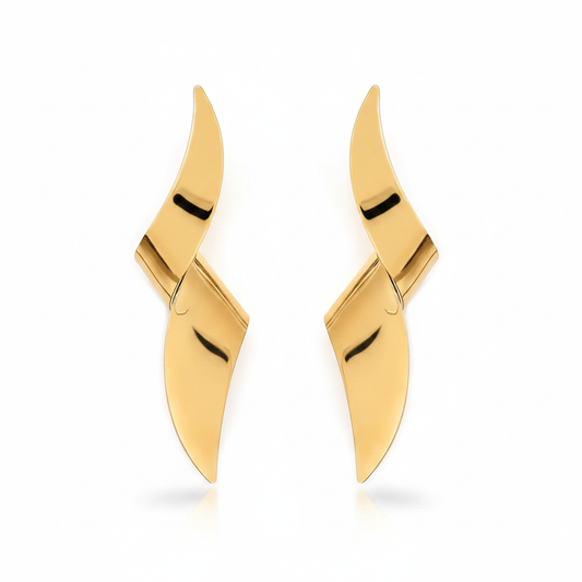 Gold Twisted Flame Drop Earrings – Pure White Background