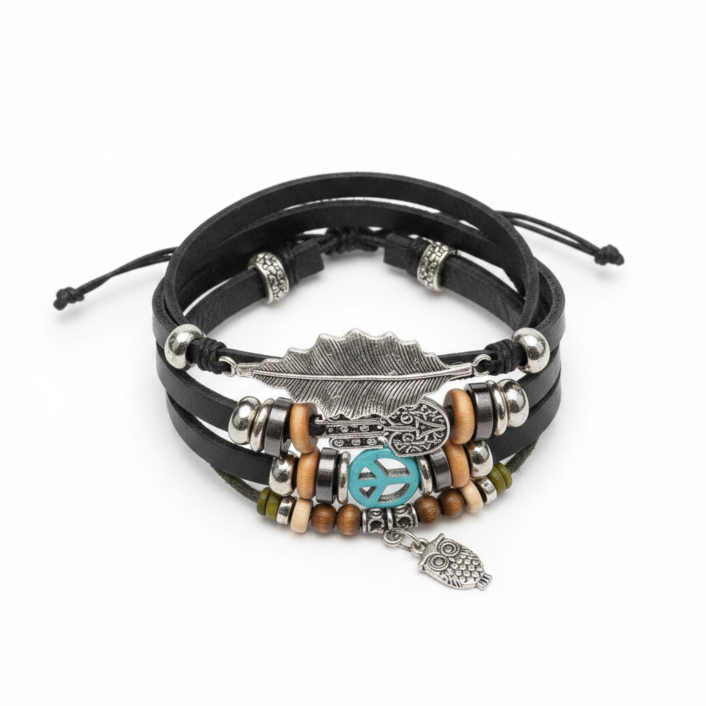 Hamsa Owl Boho Leather Bracelet – White Background