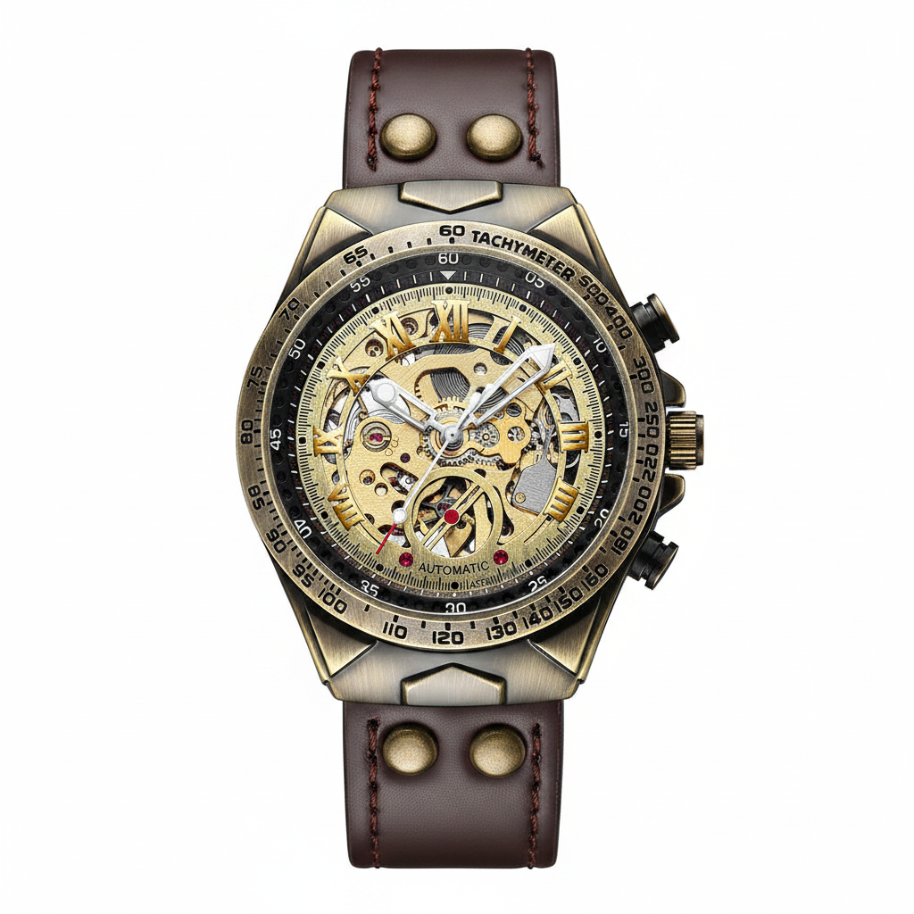 FNGEEN Skeleton Automatic Watch Bronze Edition white background front view