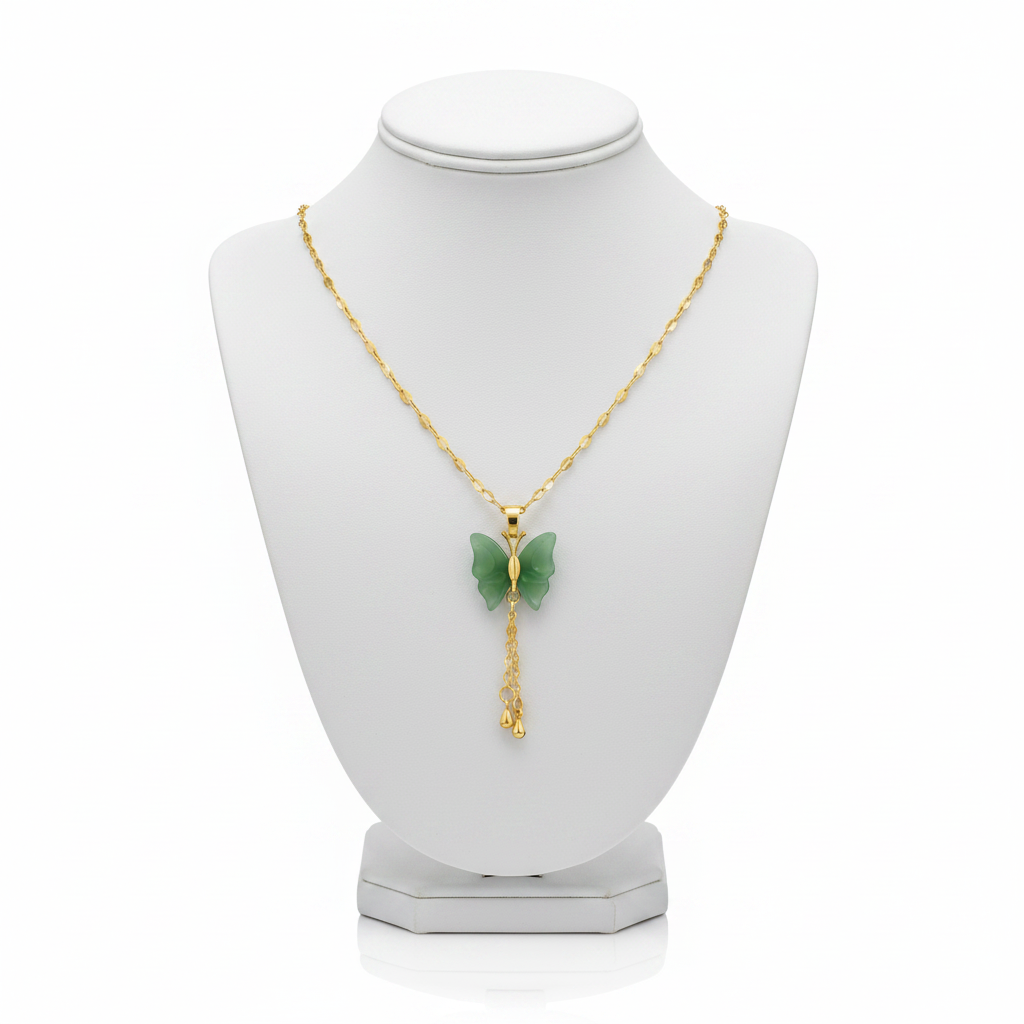 Jade Green Butterfly Necklace on White Mannequin