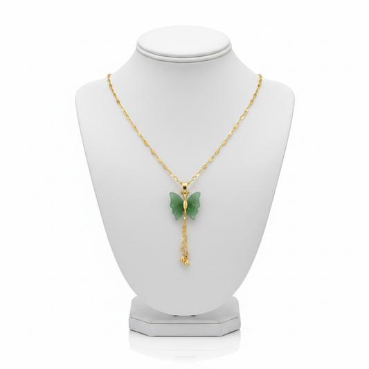 Jade Green Butterfly Necklace on White Mannequin