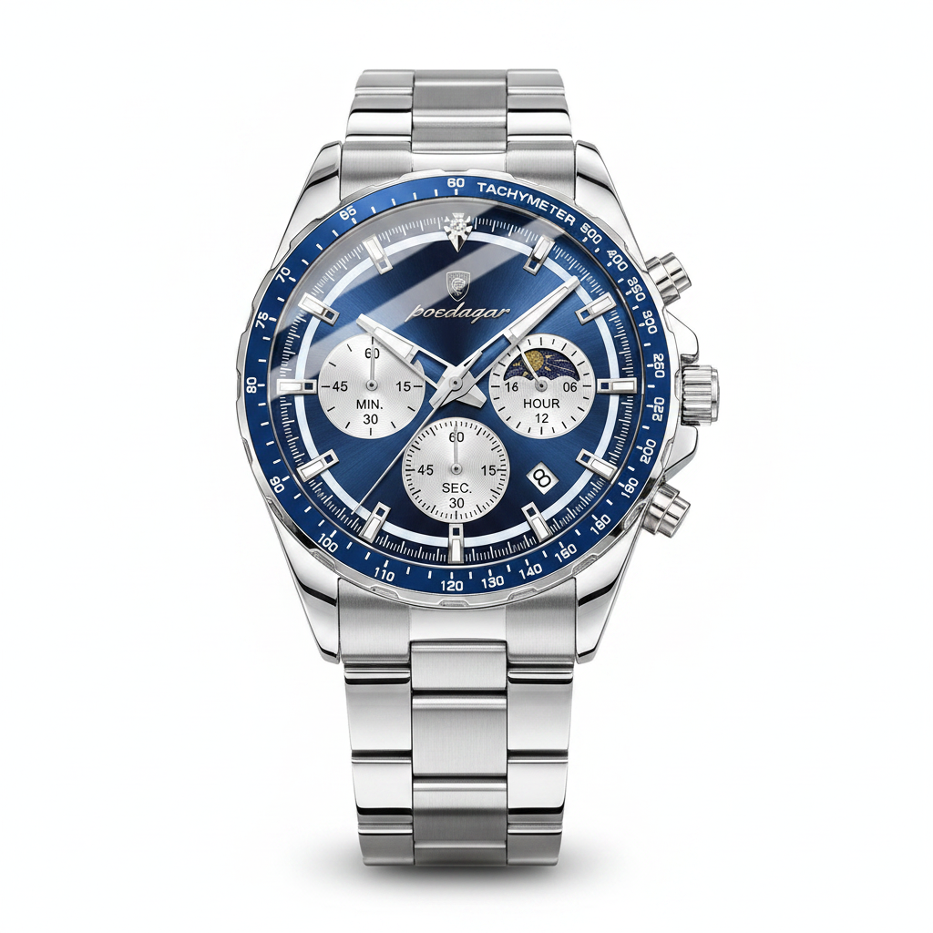 POEDAGAR Moon Phase Chronograph – White Background